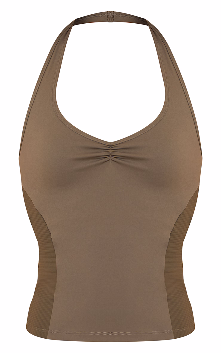 Olive Sculpt Rib Panel Halterneck Gym Top