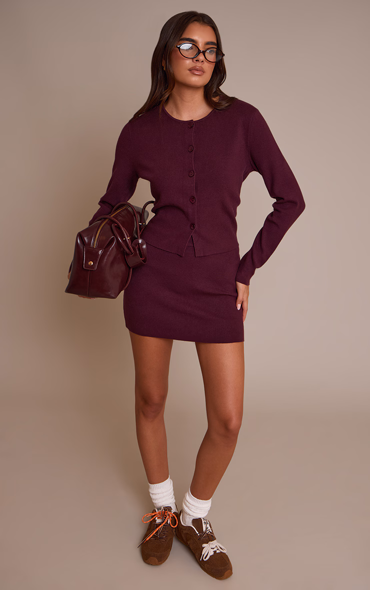 Dark Wine Compact Knit Collarless Cardigan