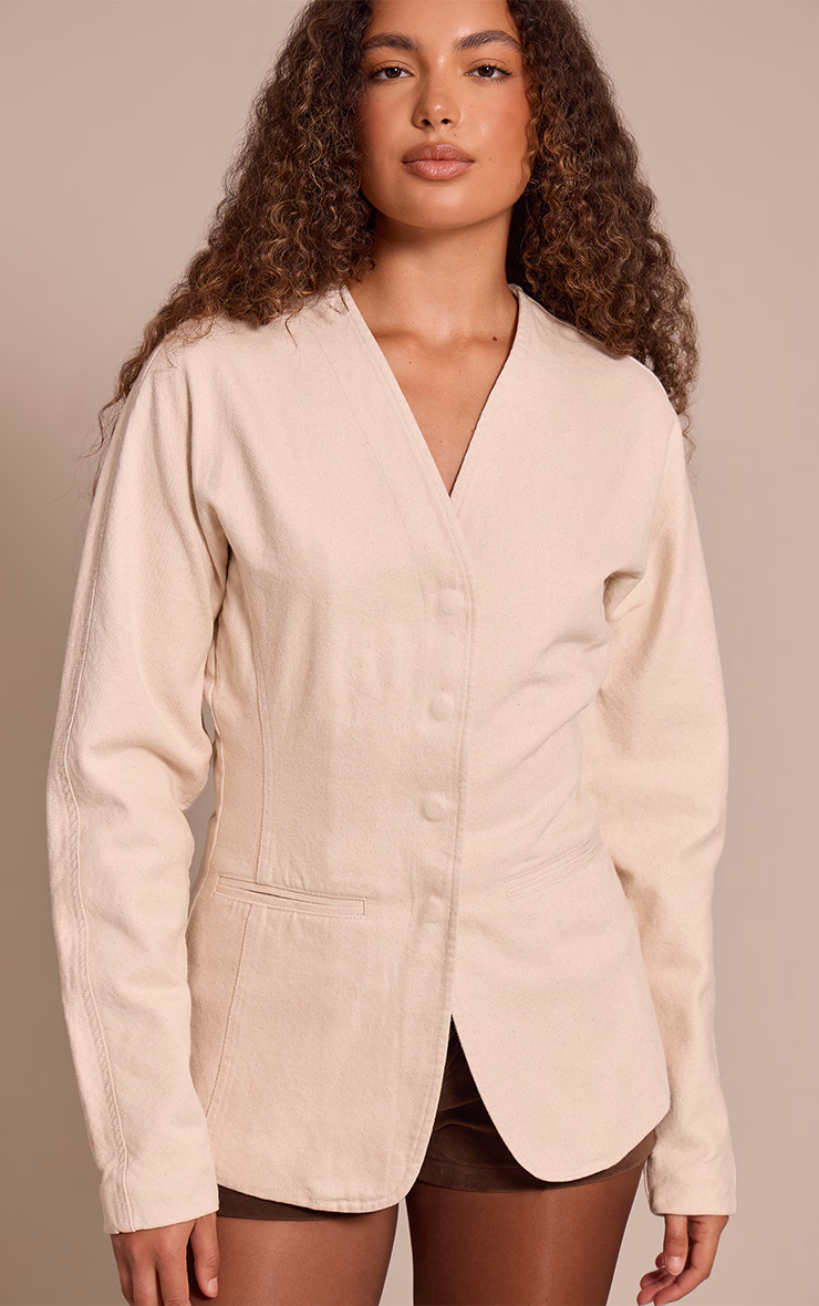 Tall Ecru Curved Hem Tailored Style Denim Blazer