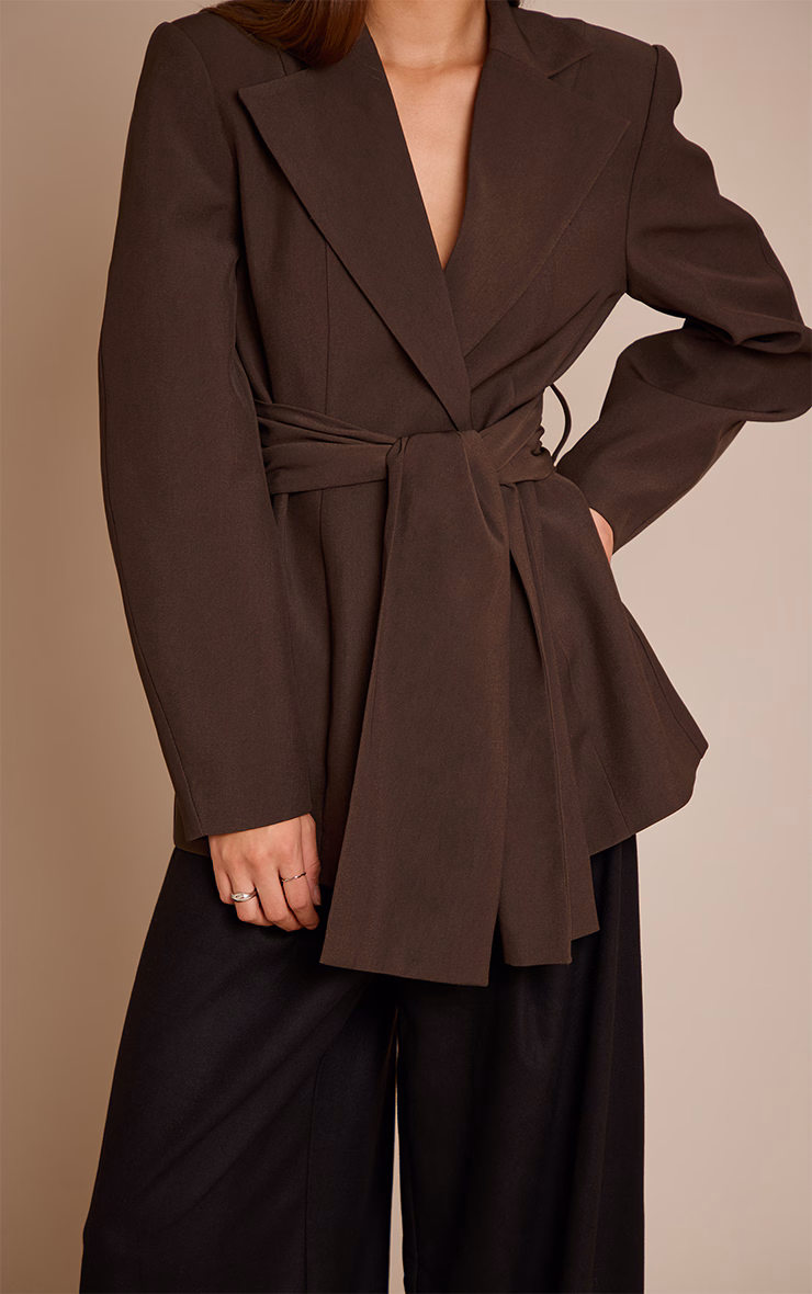 Chocolate Gathered Wrap Waist Belted Blazer