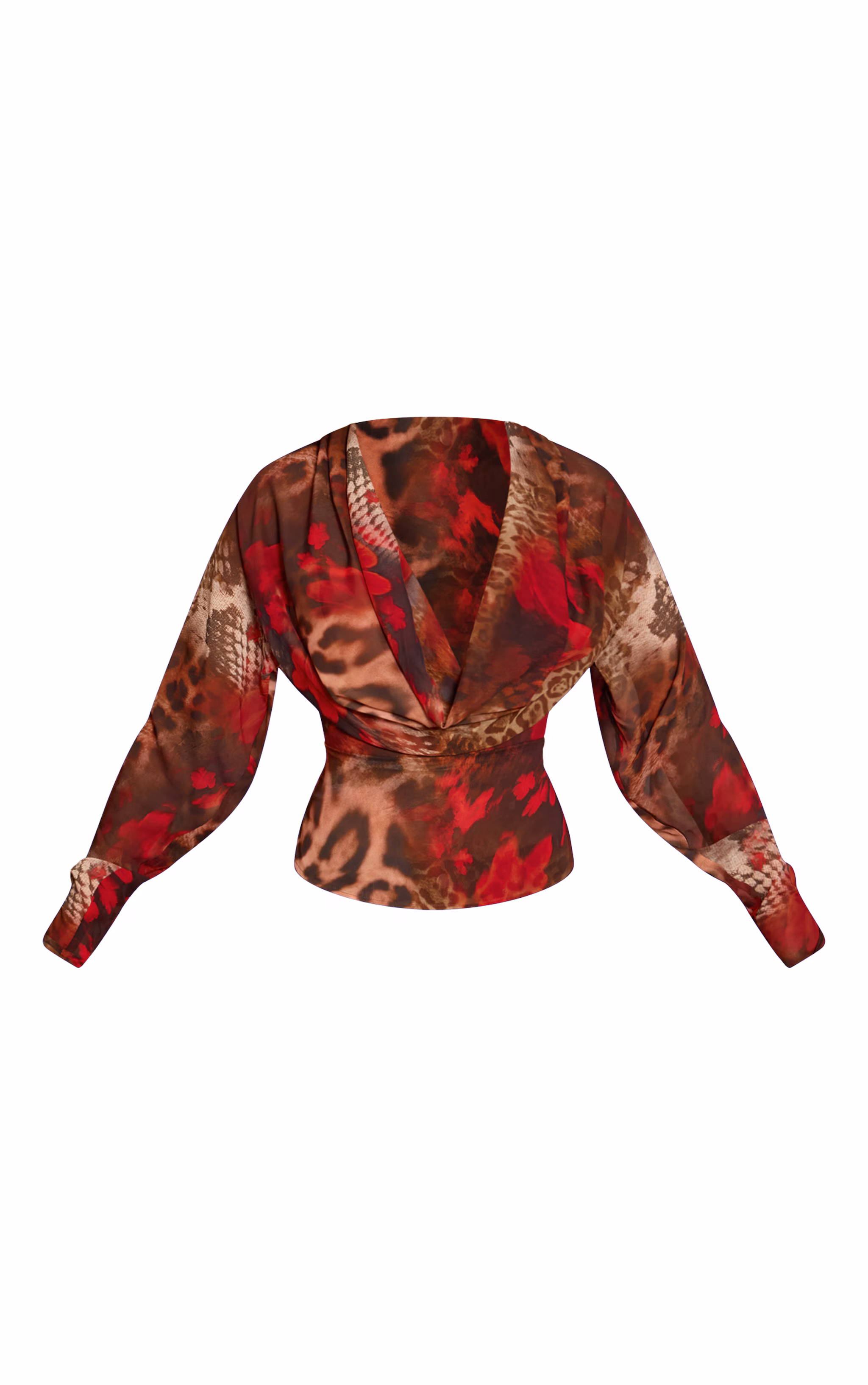 Red Printed Chiffon Cowl Neck Long Sleeve Blouse