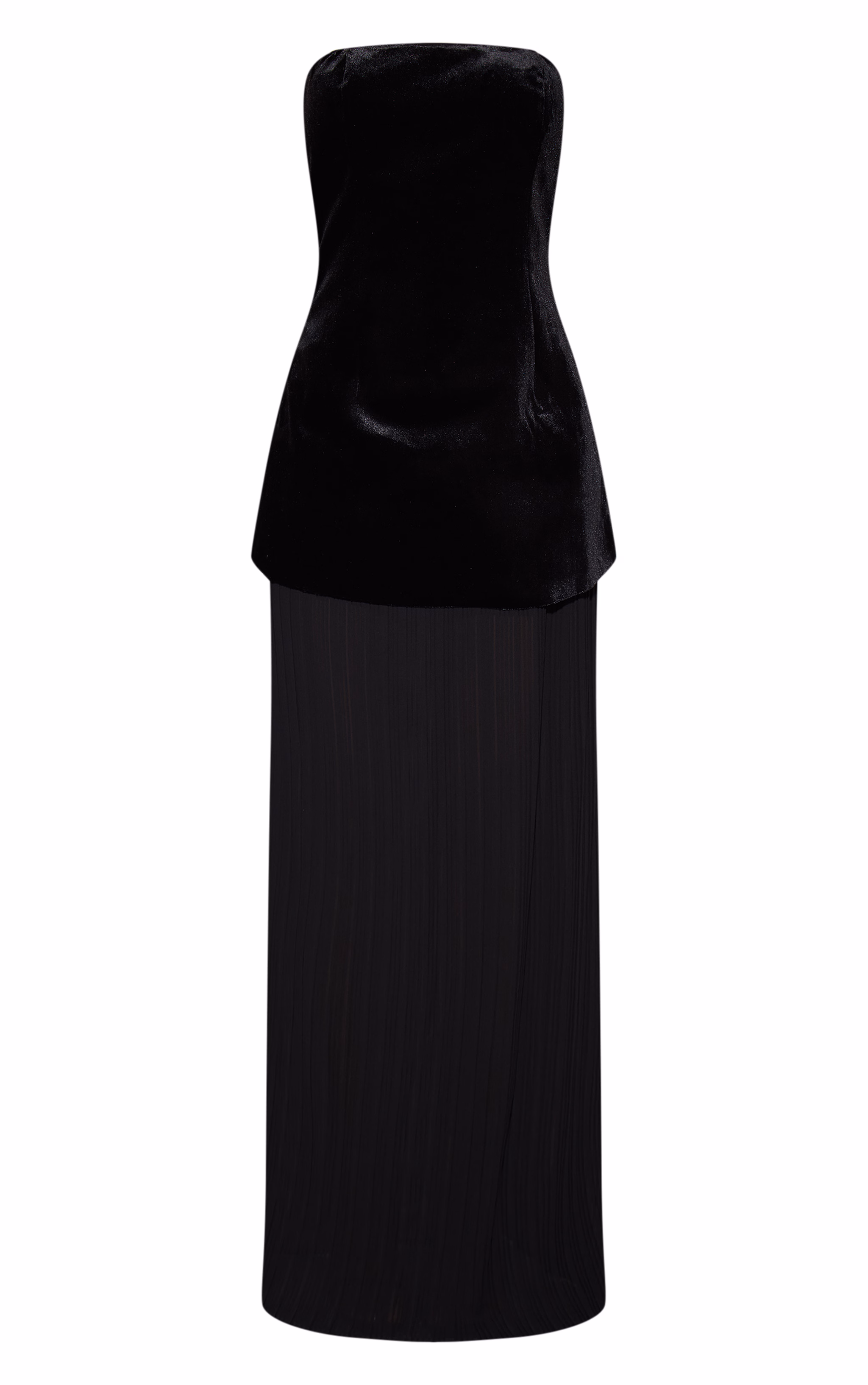 Black Velvet Bandeau Pleated Chiffon Skirt Panel Maxi Dress