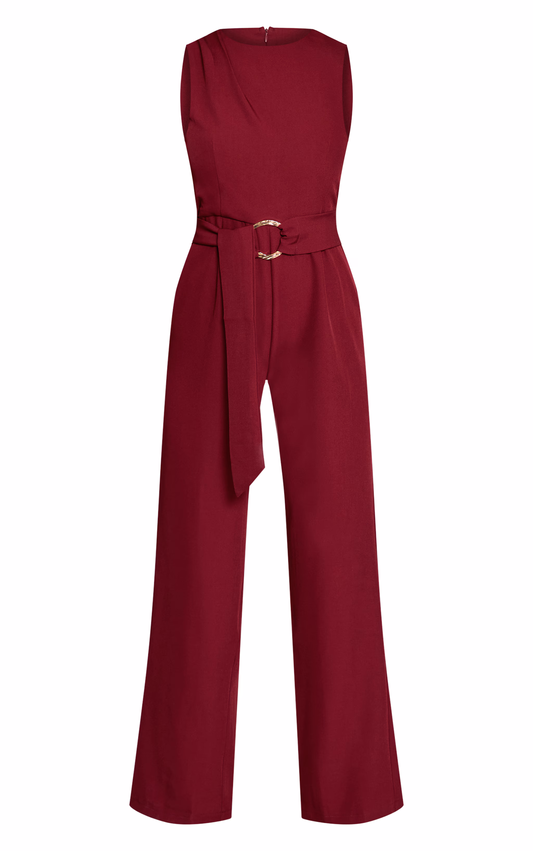 Burgundy Woven Crew Neck Belt Wide Leg Jumpsuit