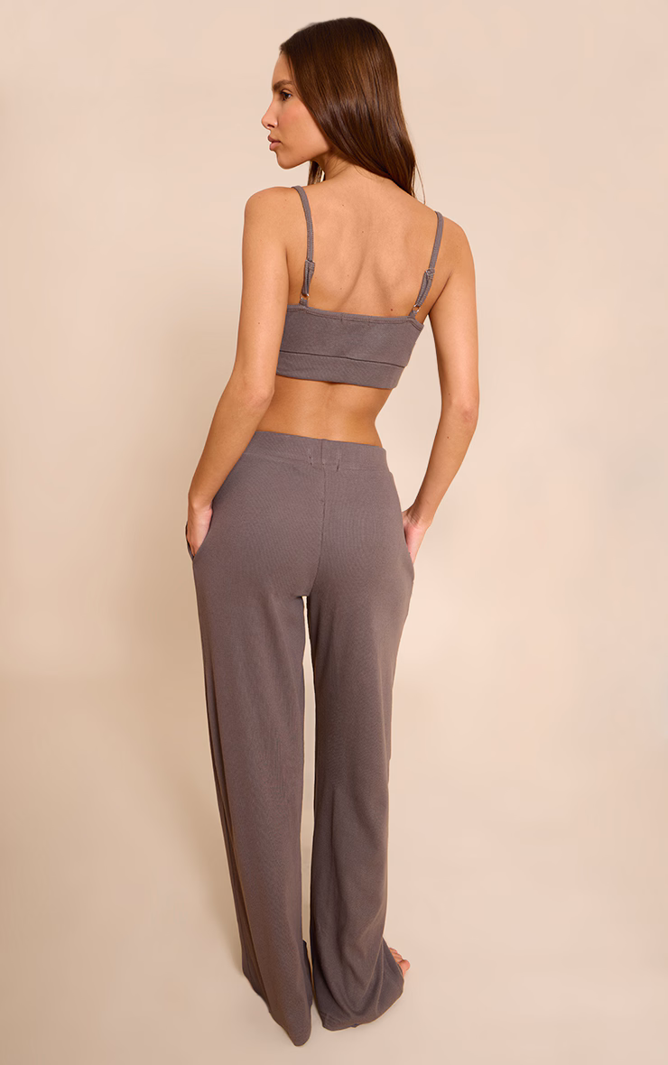 PrettyLittleThing Taupe Sleep Rib Tonal Elastic Wide Leg Pants