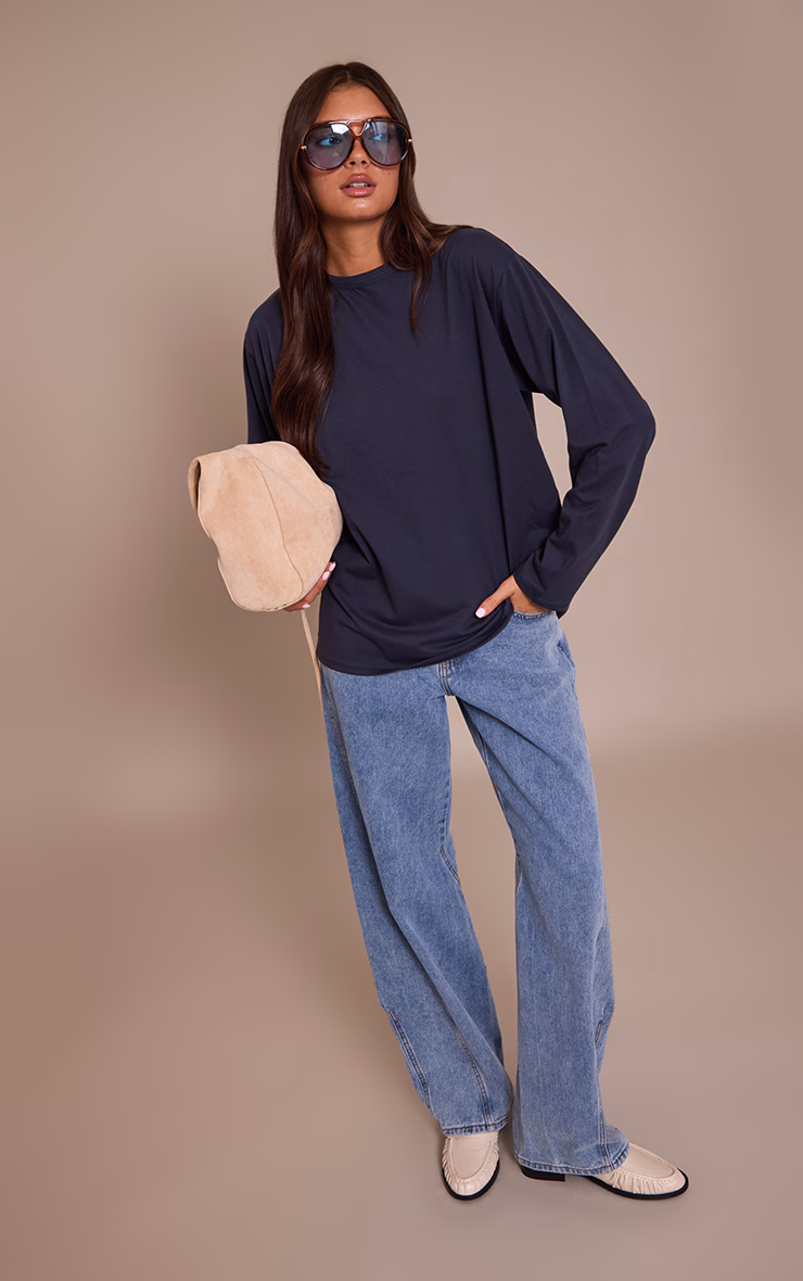 Navy Cotton Basic Oversized Long Sleeve T-shirt