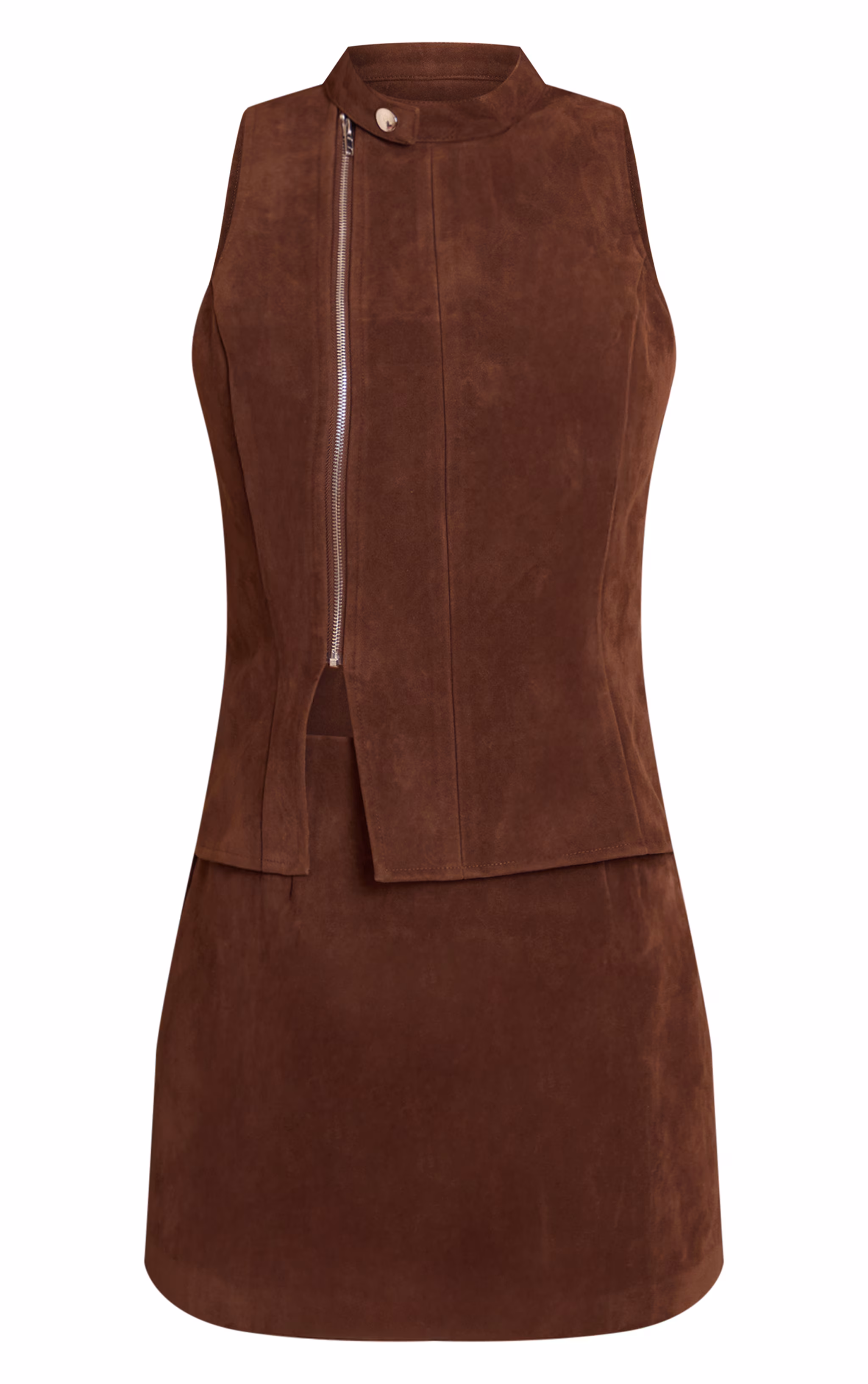 Chocolate Faux Suede Zip Up Mini Dress