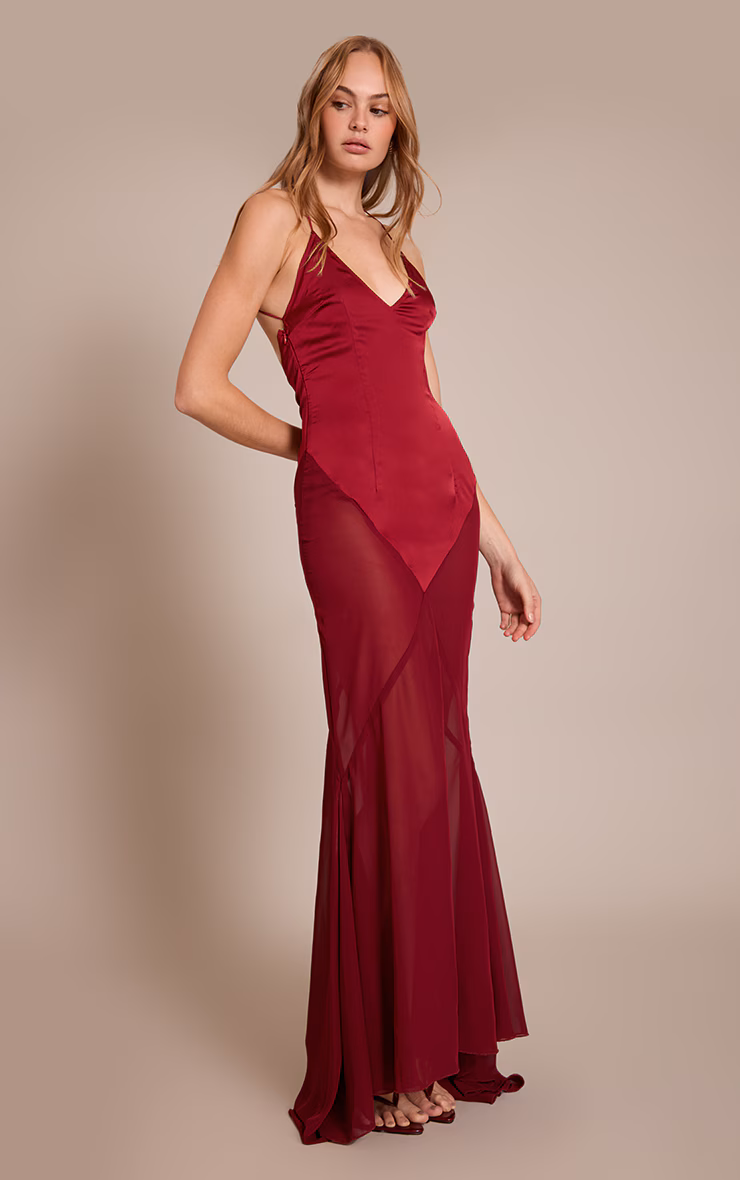 Plum Satin Contrast V Neck Maxi Dress