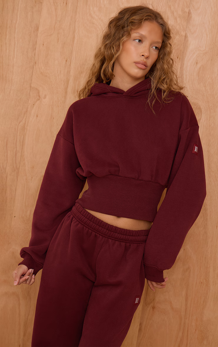PLT Wine Tab Cinched Waist Crop Hoodie