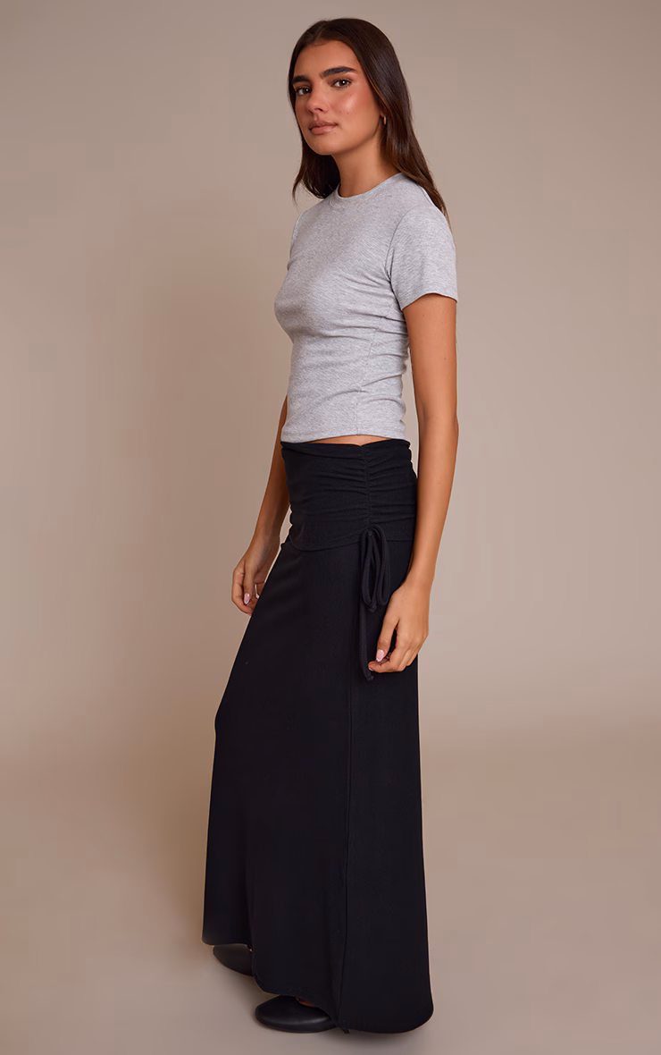 Black Brushed Rib Ruched Detail Maxi Skirt
