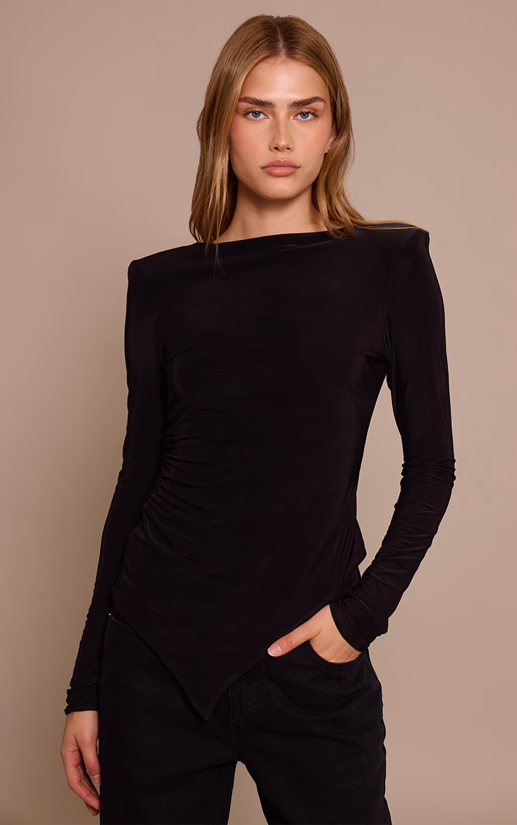 Black Double Layer Slinky Shoulder Pad Asymmetric Top