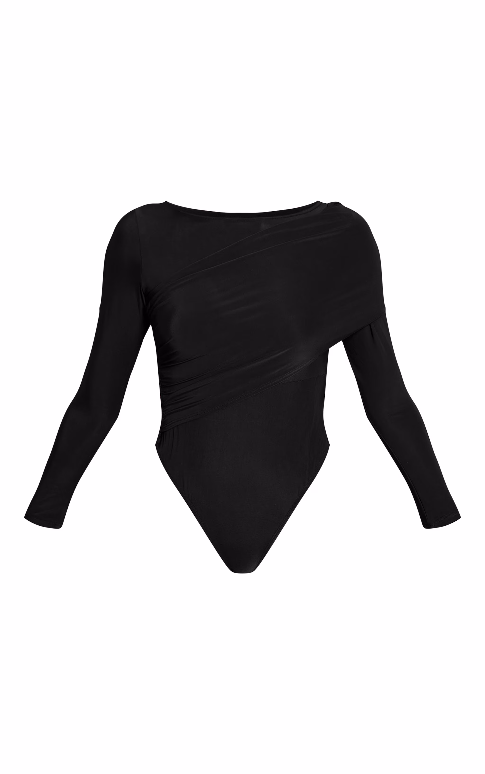 Black Slinky Drape Front Detail Long Sleeve Bodysuit