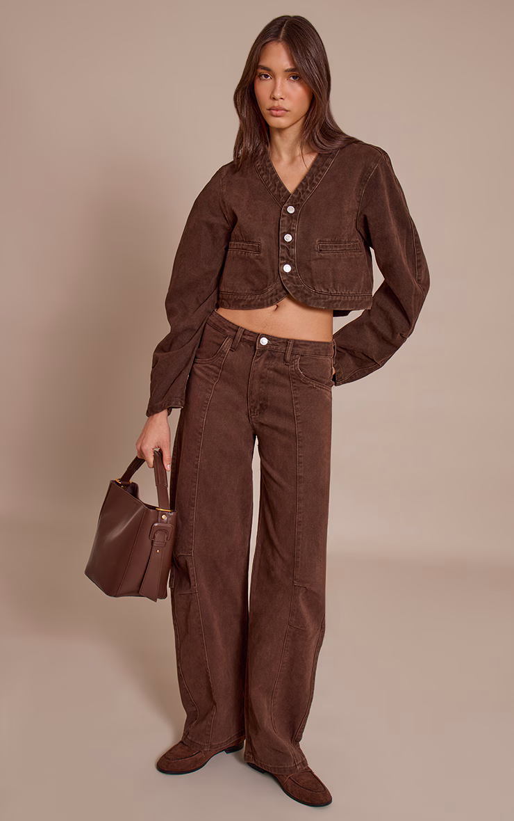 Chocolate V Neck Curved Hem Cropped Denim Jacket