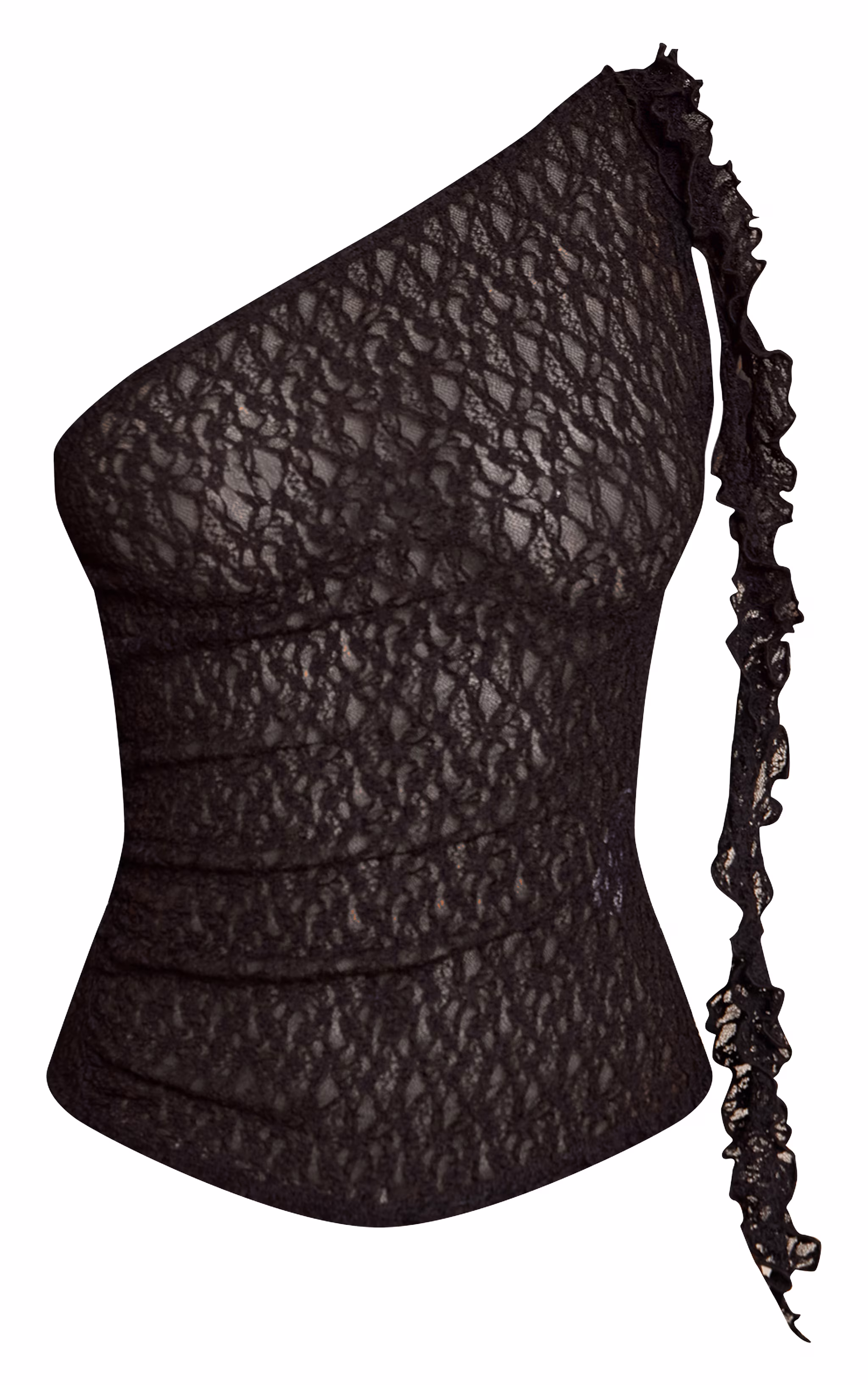 Black Textured Lace Frill Drape Detail Asymmetric  Top