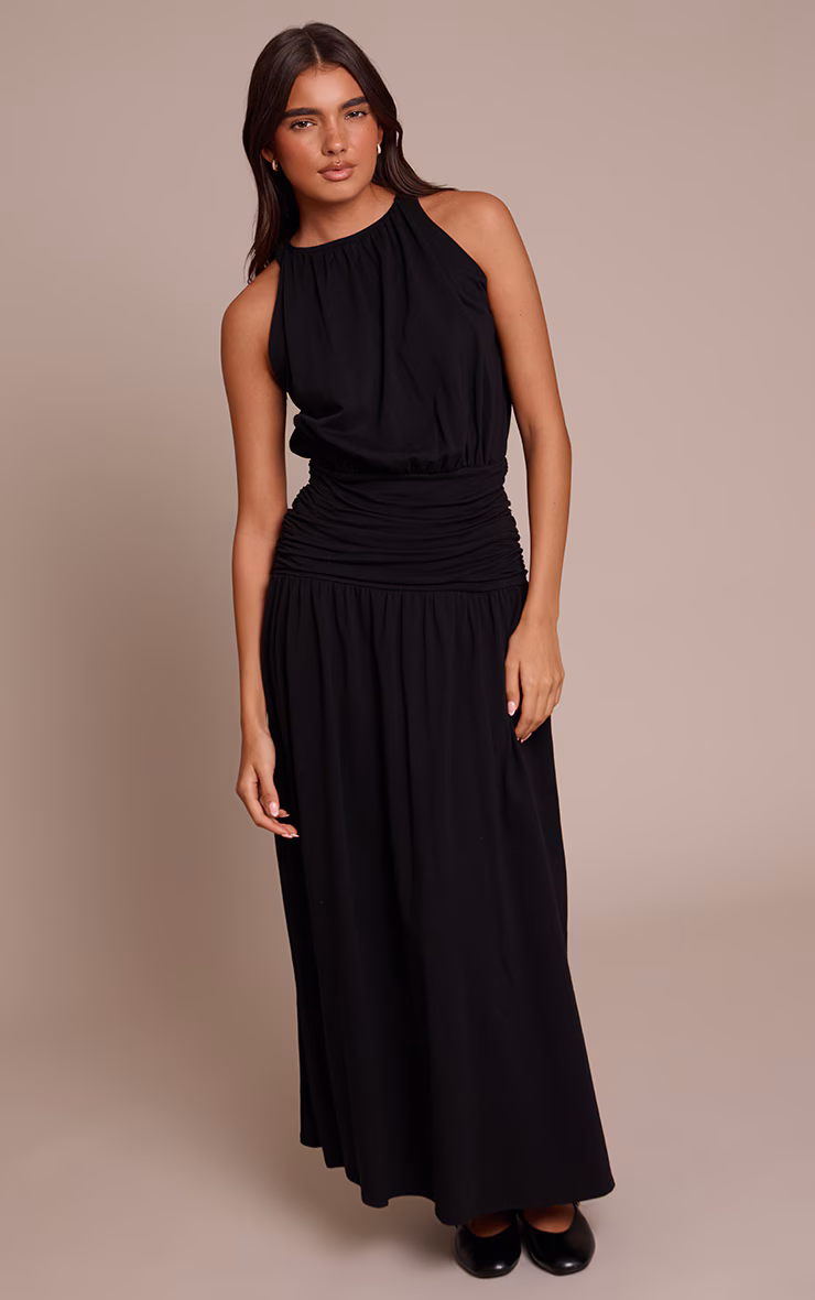 Black Jersey Halterneck Ruched Detail Maxi Dress