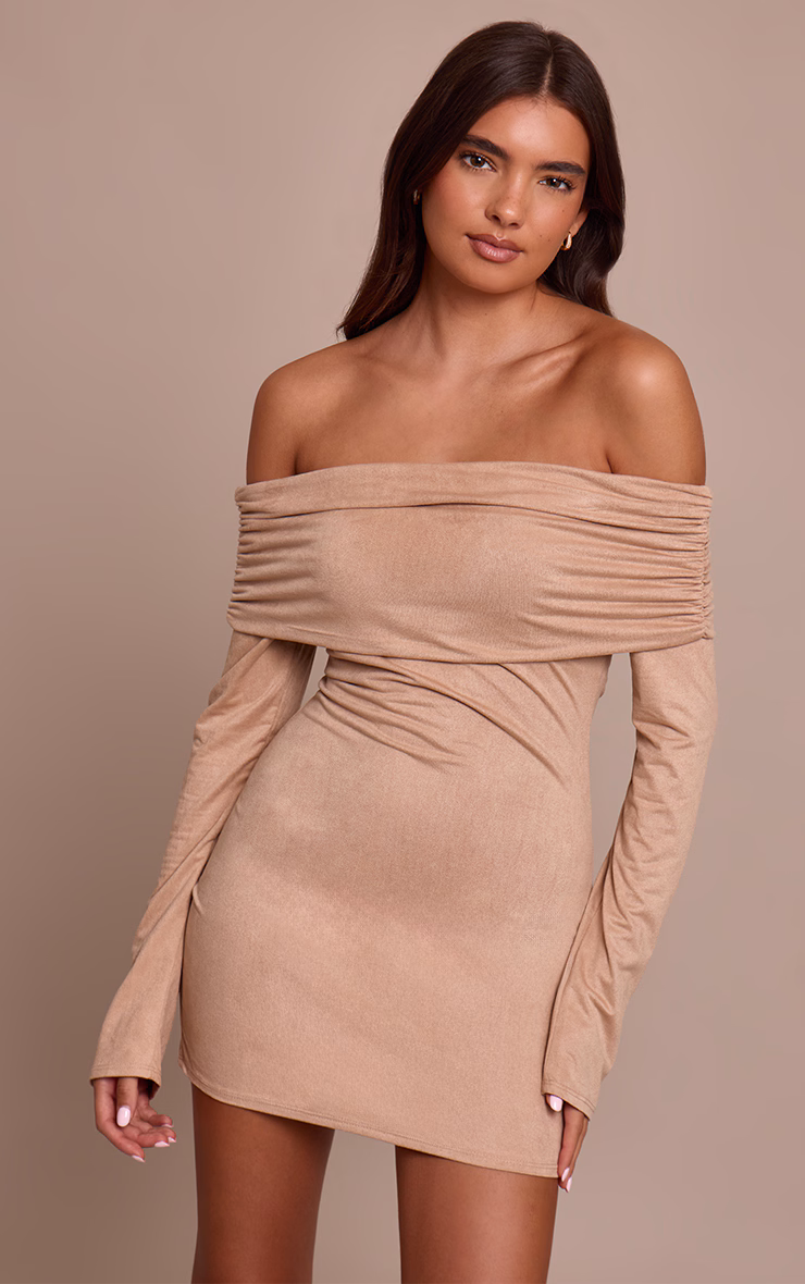 Cream Faux Suede Bardot Long Sleeve Bodycon Dress