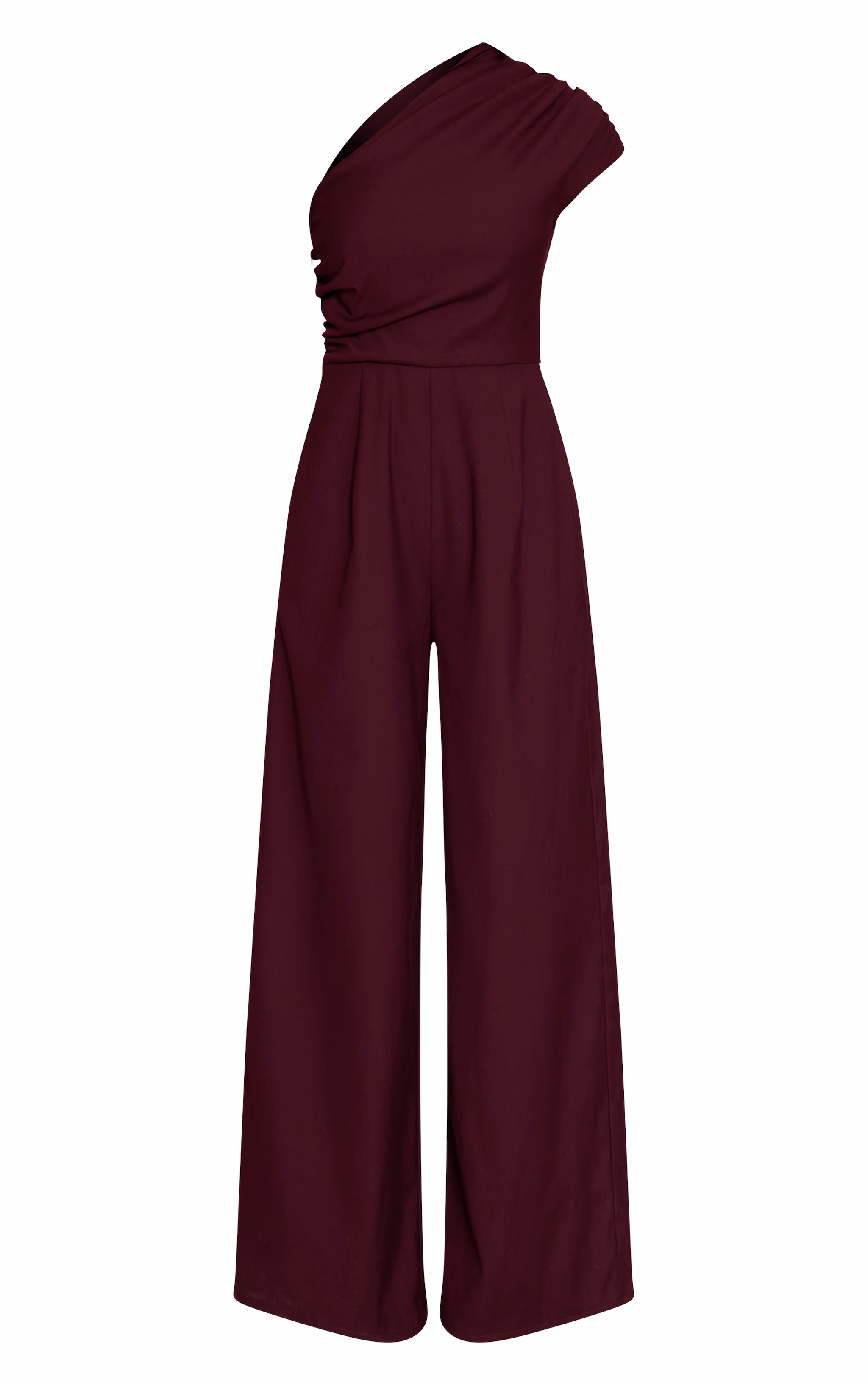 PLT Label Plum Asymmetric Ruched Wide Leg Jumpsuit
