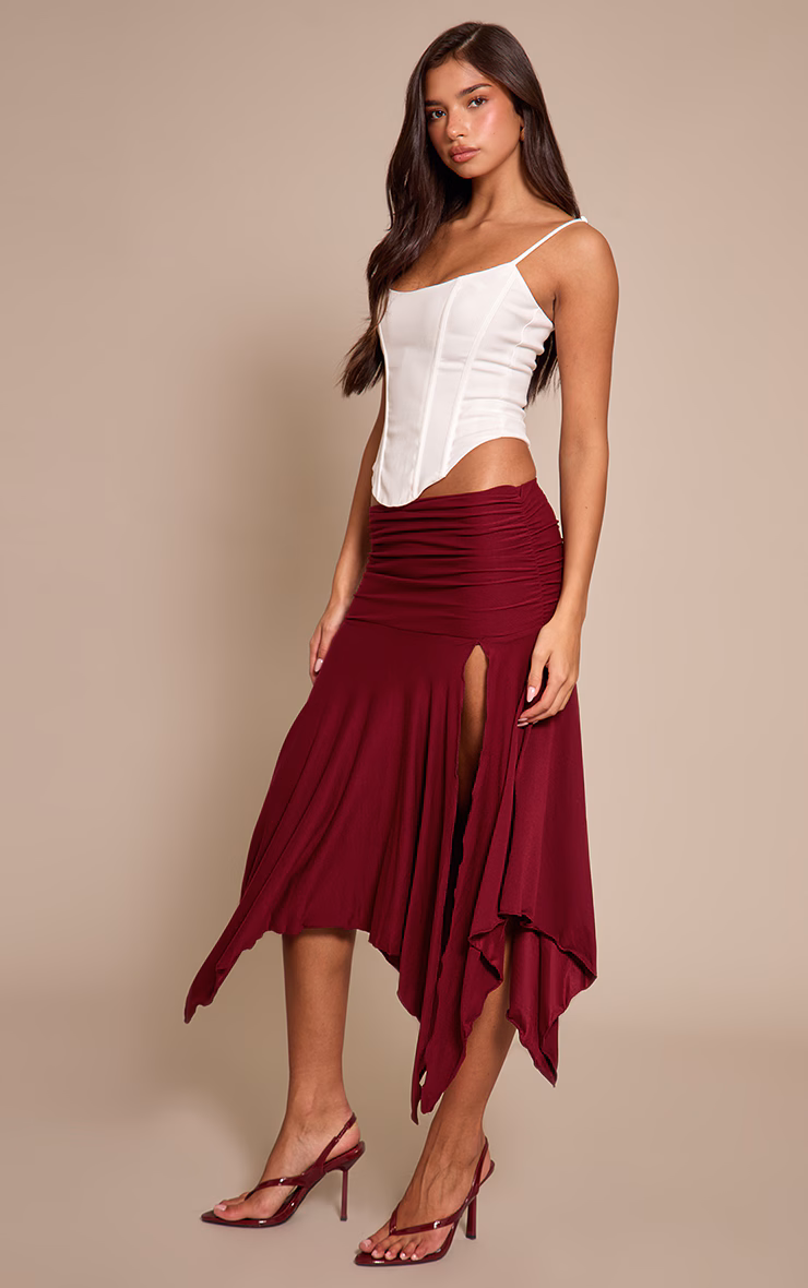 Plum Soft Touch Ruched Asymmetric Midi Skirt