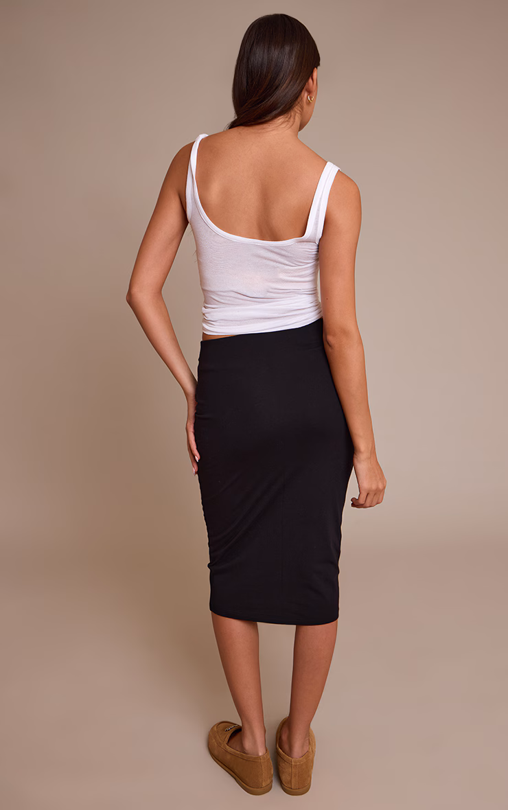 Black Basic Soft Cotton Midi Skirt