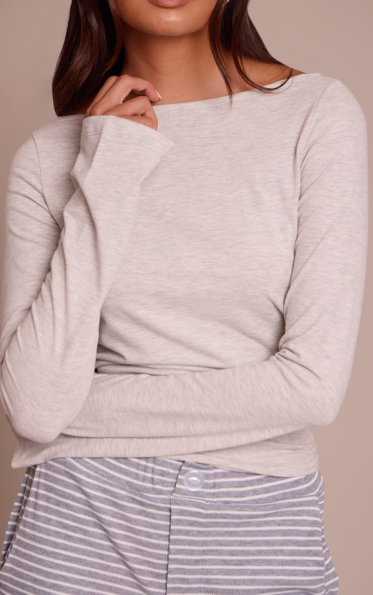 Grey Marl Soft Cotton Boat Neck Flared Long Sleeve Top