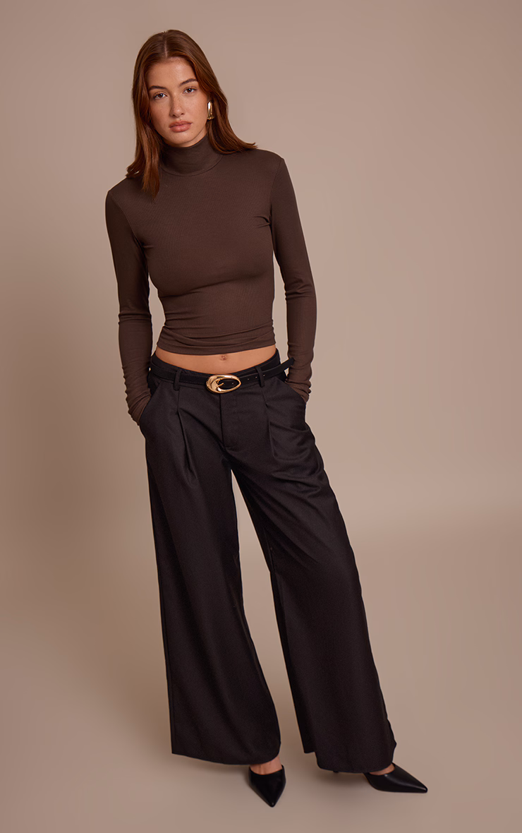 Dark Chocolate Soft Rib High Neck Fitted Long Sleeved Top