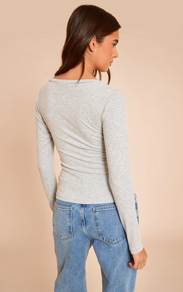 Grey Marl Soft Rib Button Up Fitted Long Sleeve Top