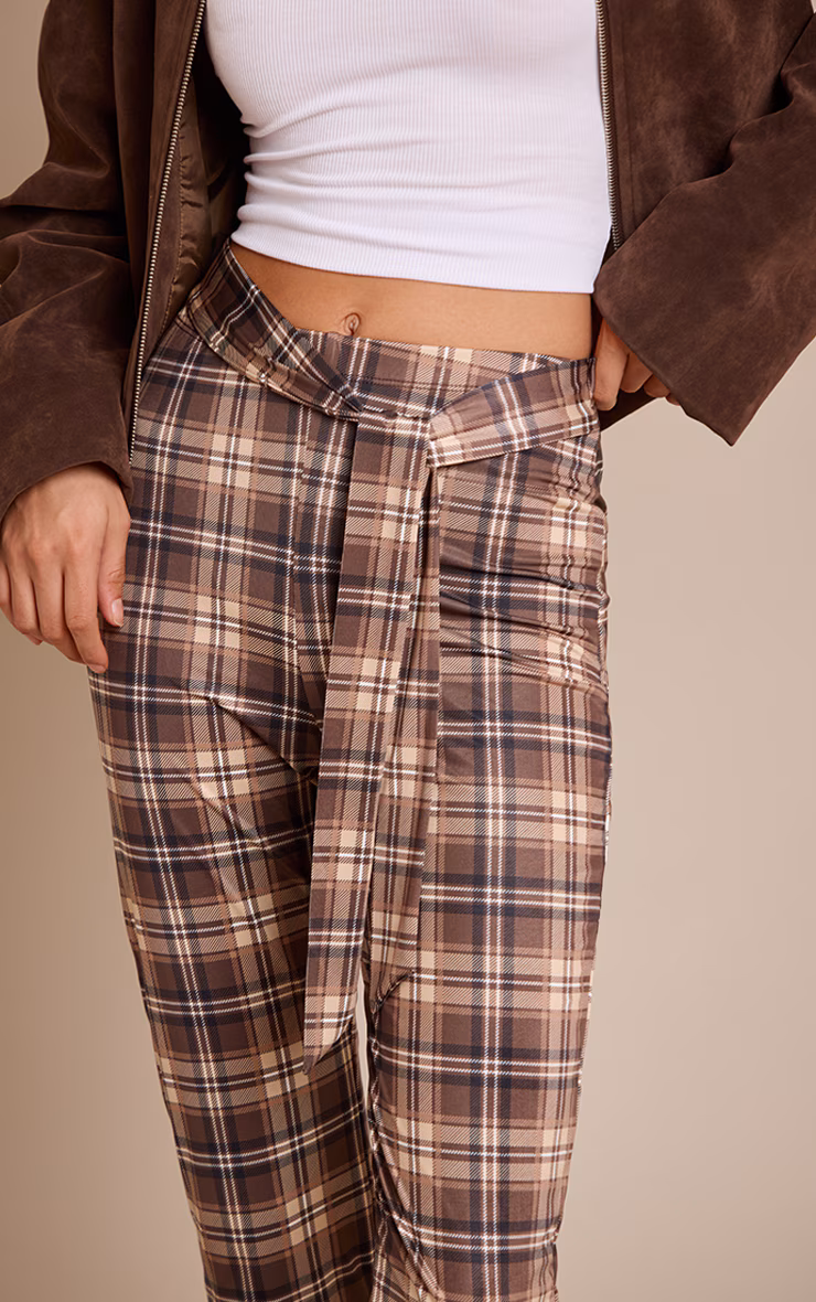 Brown Check Print Double Layer Wrap Waist Capri Leggings