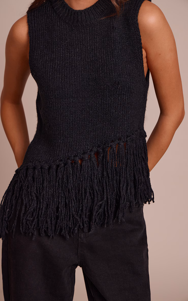 Black Sleeveless Fringe Detail Sweater