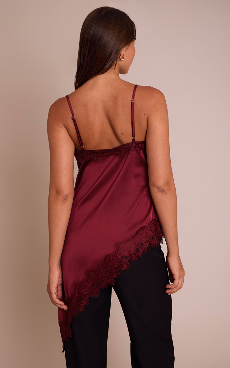Plum Satin Lace Detail Asymmetric Long Top