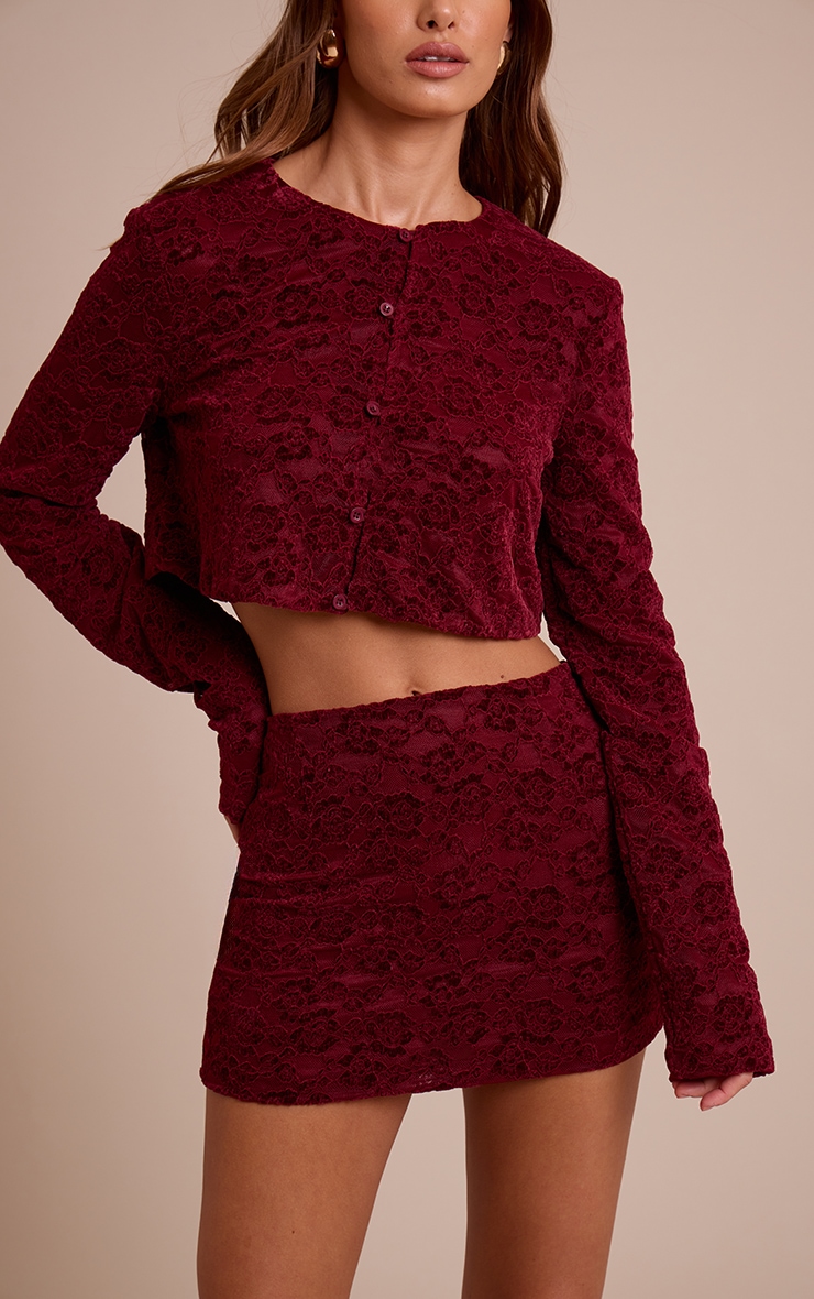 Dark Wine Lace Mid Rise Mini Skirt