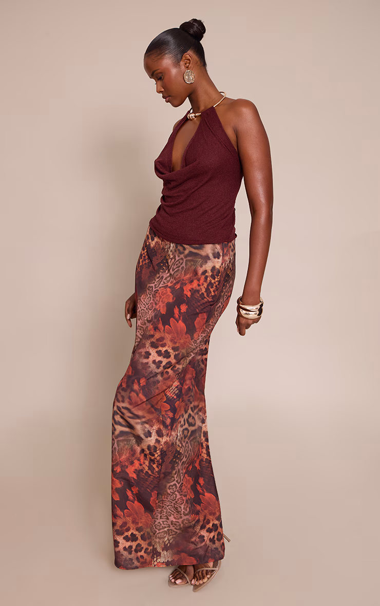 Brown Abstract Animal Print Chiffon Maxi Skirt