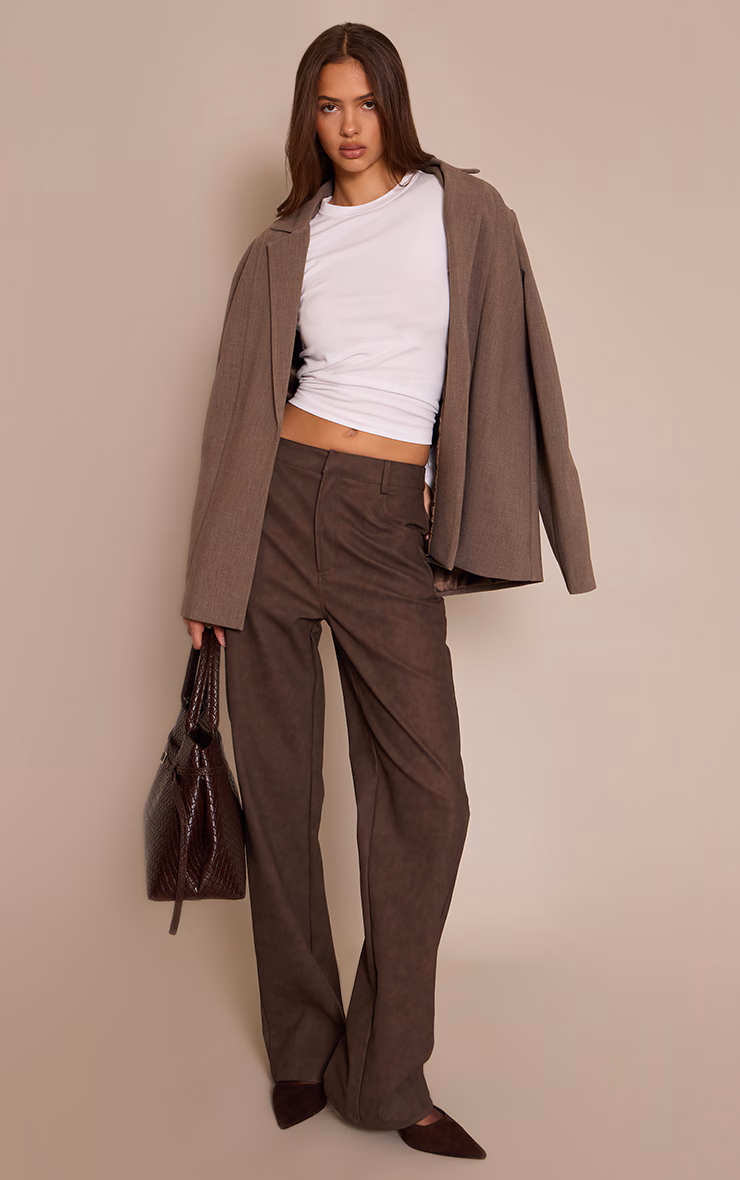 Brown Textured Faux Leather Straight Leg Pants