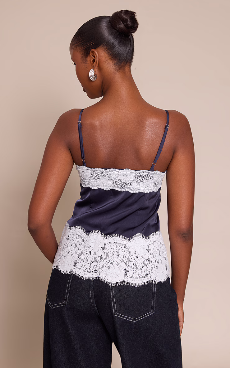 Navy Satin Button Up Lace Detail Cami