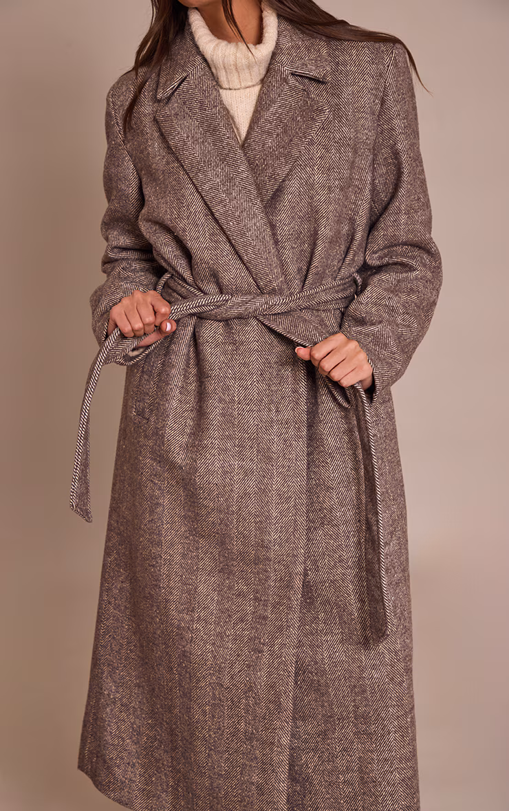 Brown Herringbone Tie Waist Maxi Coat