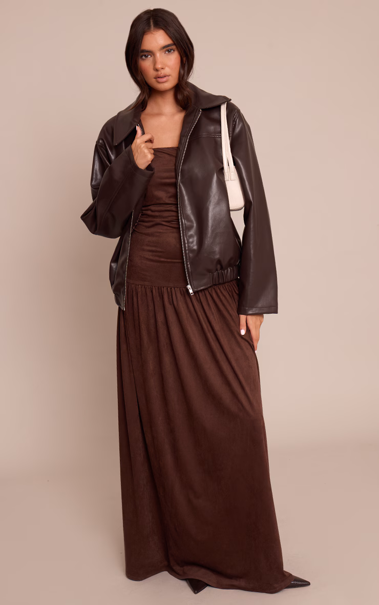 Chocolate Faux Suede Bandeau Dropped Waist Maxi Dress