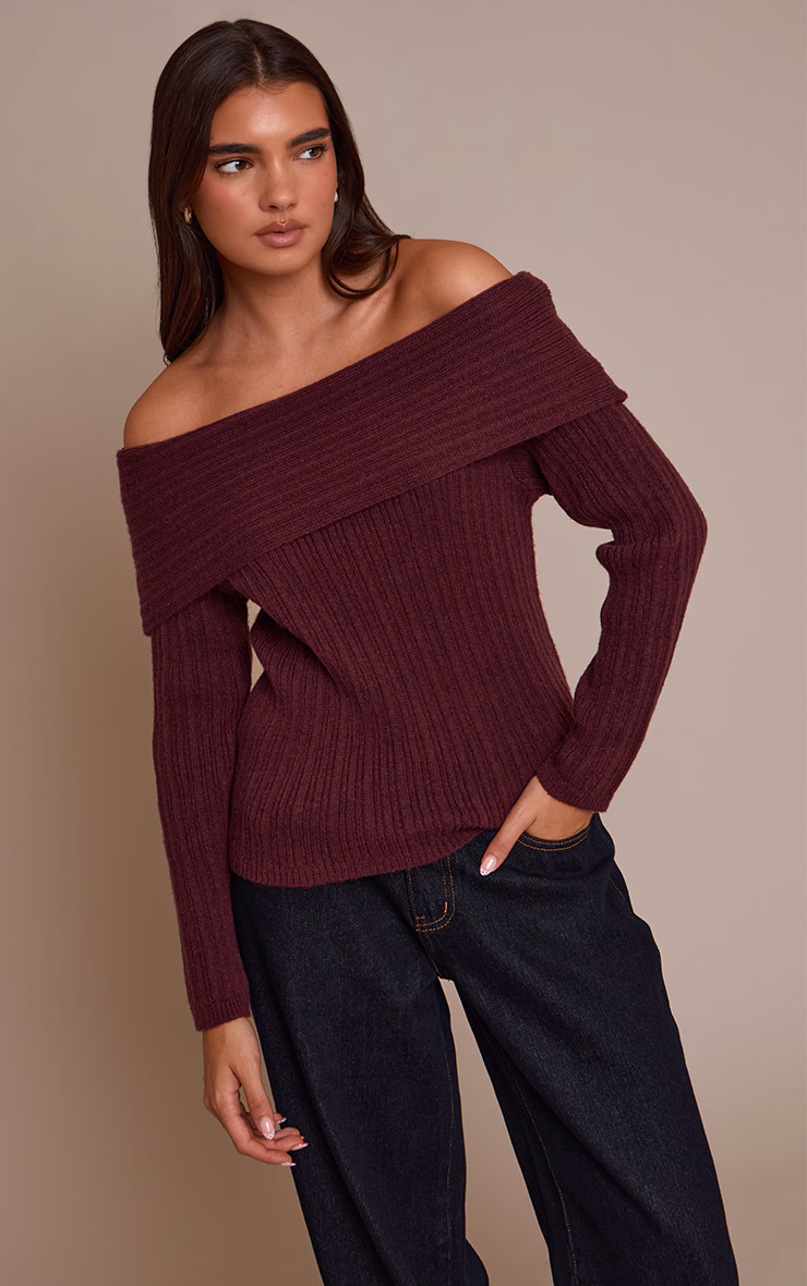 Burgundy Off The Shoulder Knit Long Sleeve Top