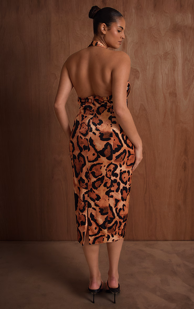 PLT Label Plus Multi Leopard Printed Velvet Halterneck Midaxi Dress