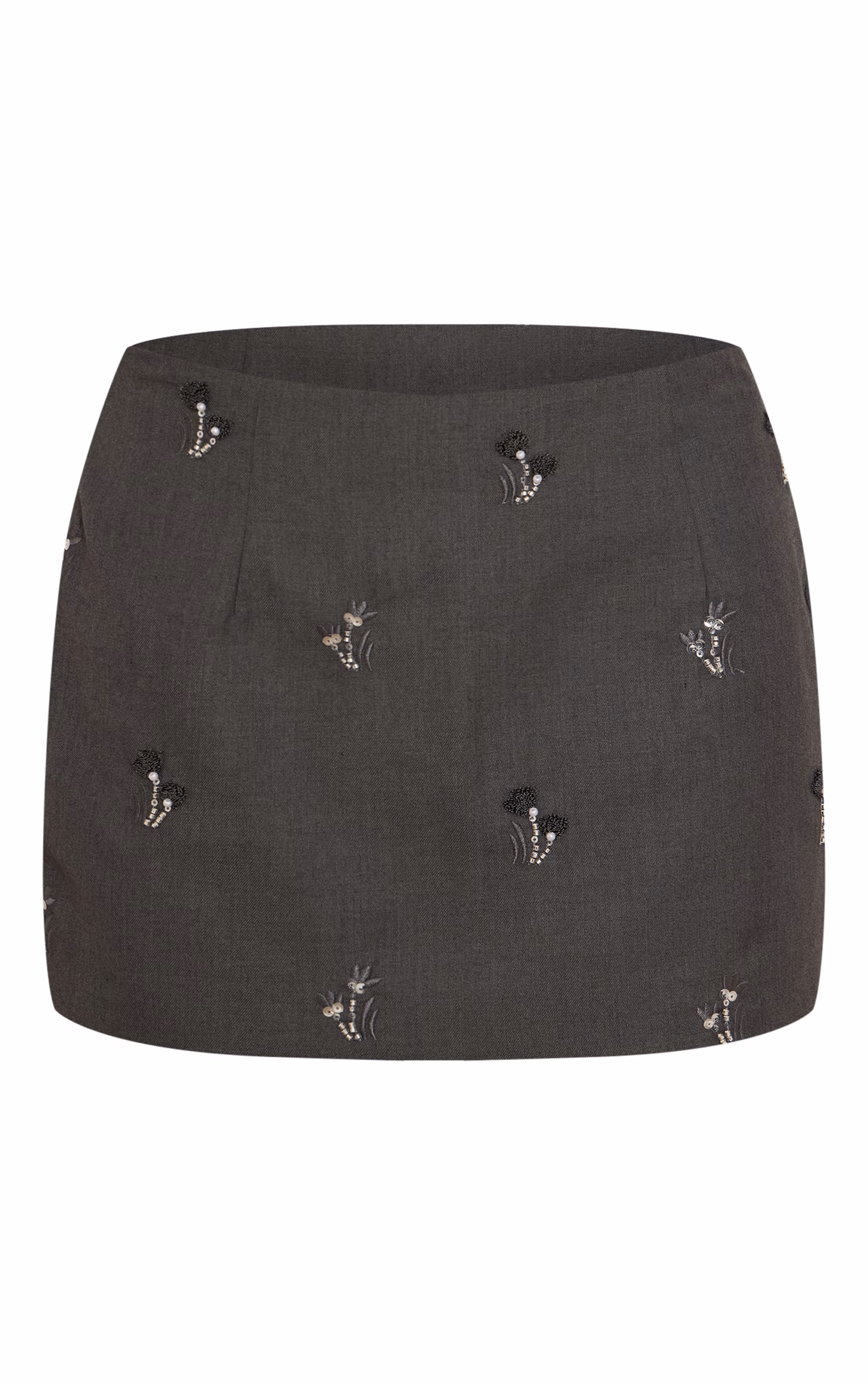 Charcoal Grey Woven Embroidered Sequin Detail Mini Skirt