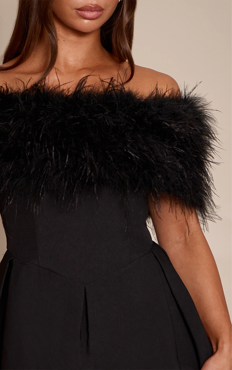 Premium Black Woven Feather Bardot Tulip Mini Dress