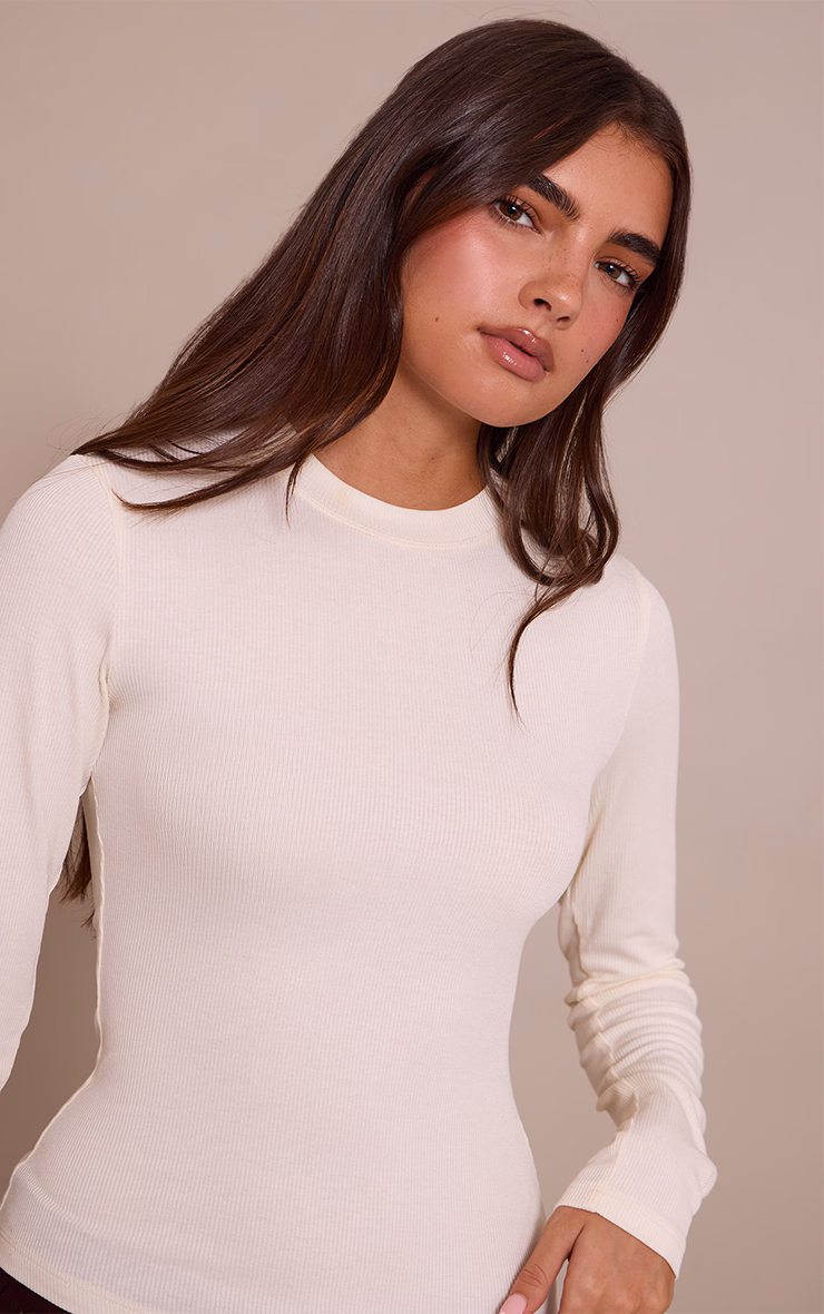 Cream Soft Rib Crew Neck Long Sleeve Top