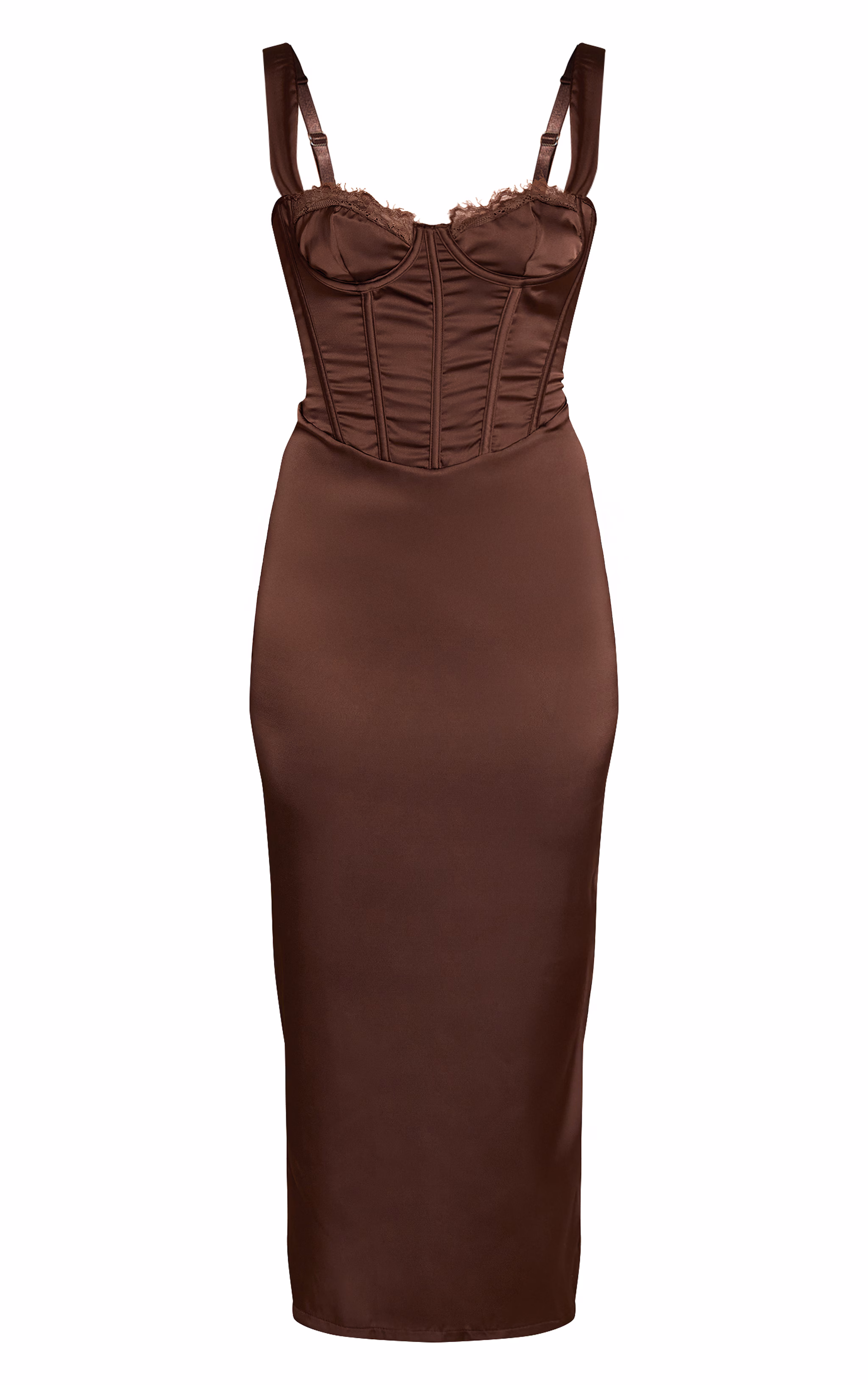 Chocolate Satin Lace Cup Detail Midi Dress