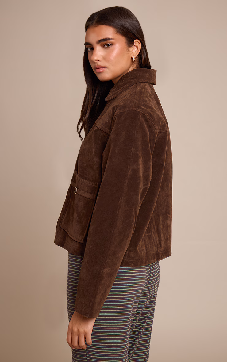 Chocolate Pocket Trim Faux Suede Jacket