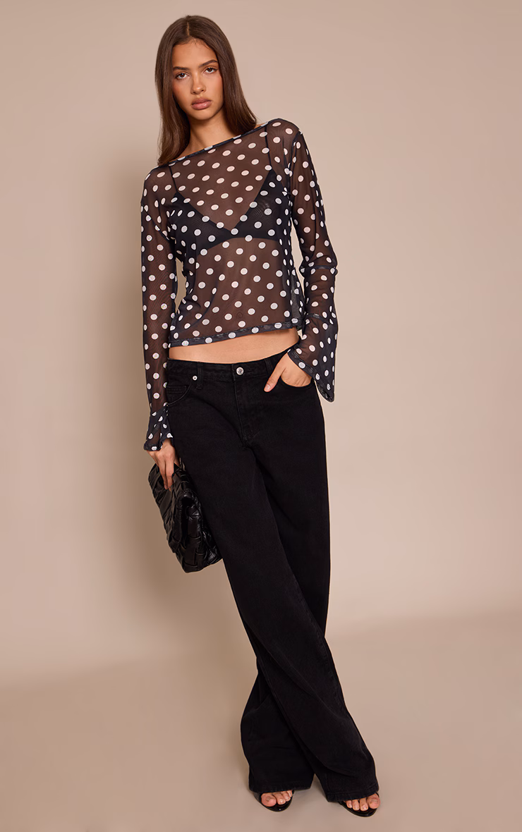 Black Polka Dot Mesh Flared Long Sleeve Top