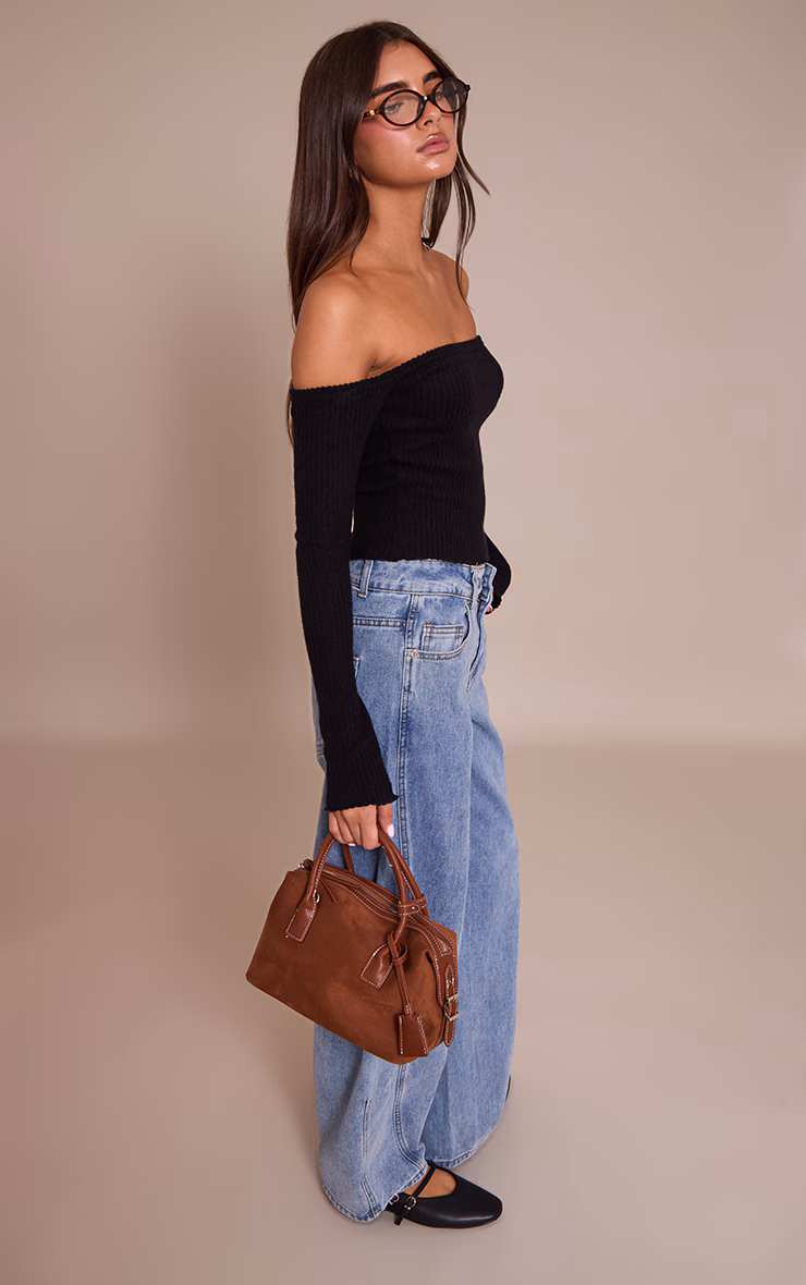 Black Brushed Rib Knit Bardot Long Sleeve Top