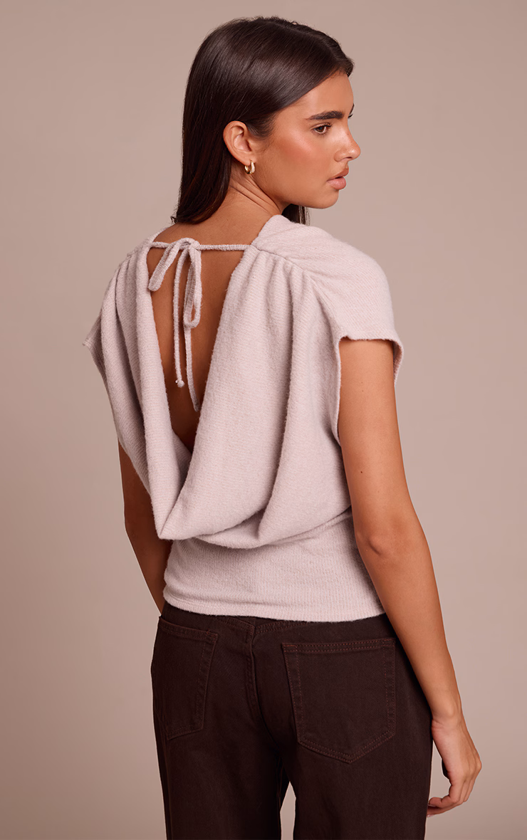 Light Mushroom  Wool Look Slouchy Tie Back Top