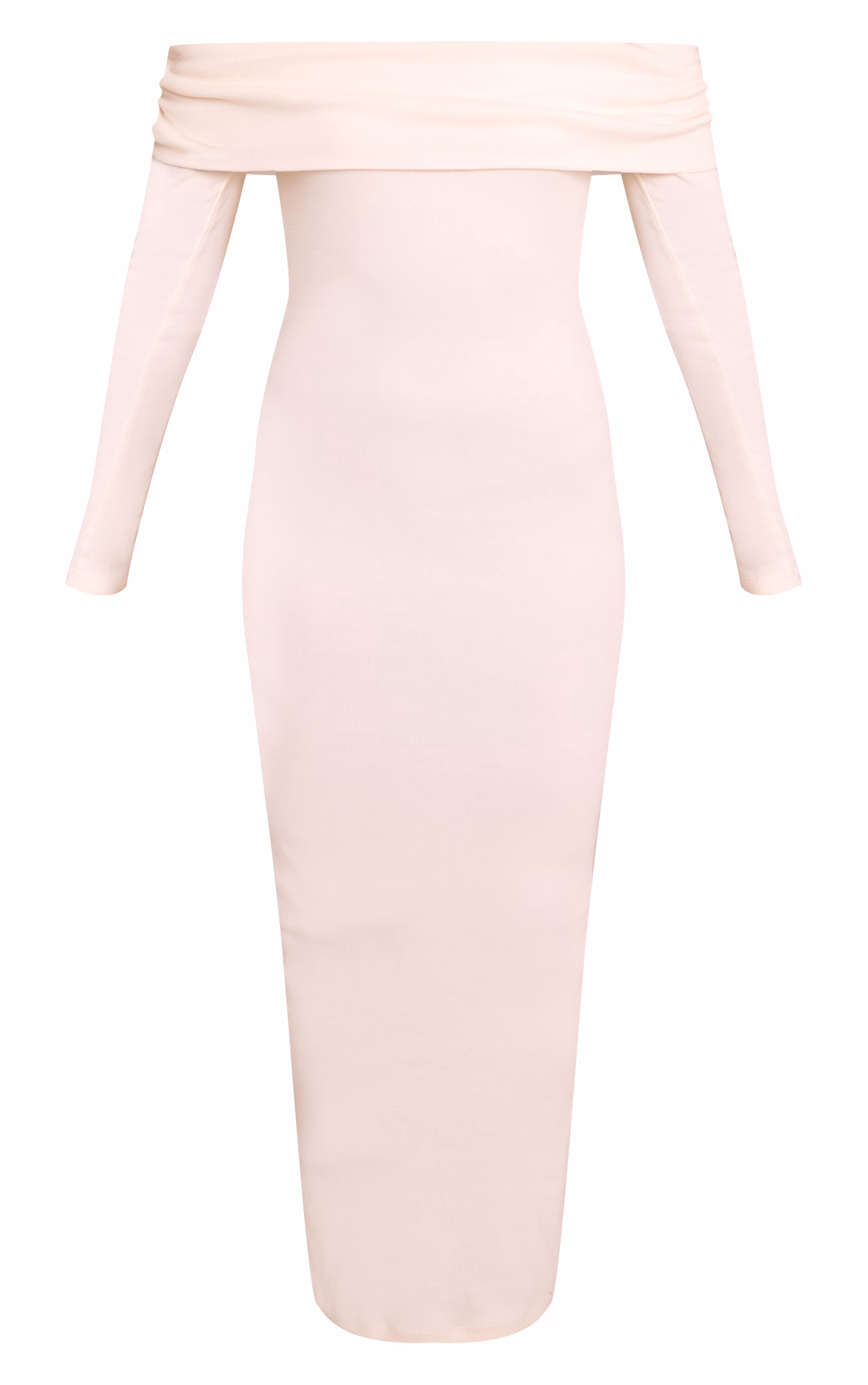 Cream Ribbed Fold Over Bardot Long Sleeve Maxi Dress