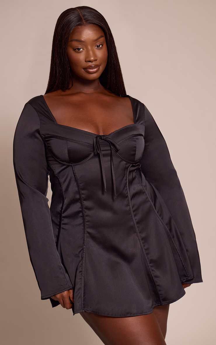Plus Black Satin Long Sleeve Mini Dress