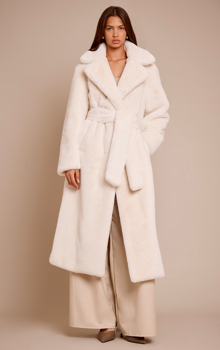 Cream Faux Fur Tie Waist Maxi Coat