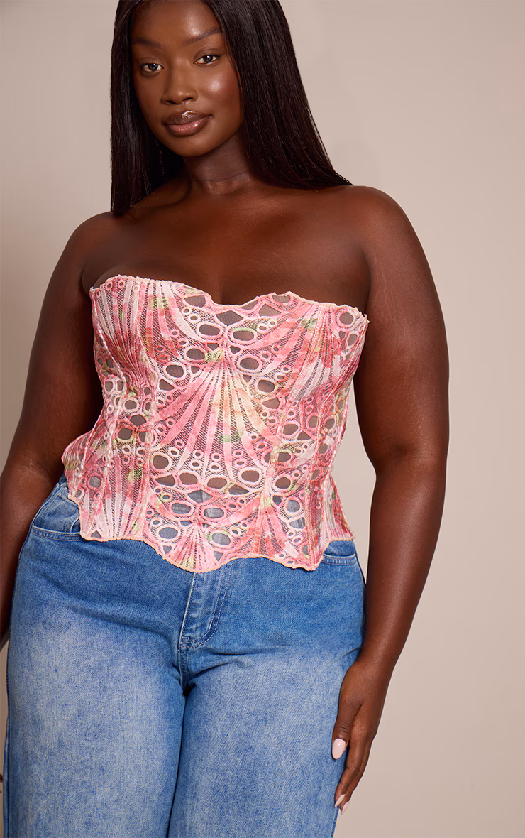 Plus Pink Textured Sheer Floral Lace Corset