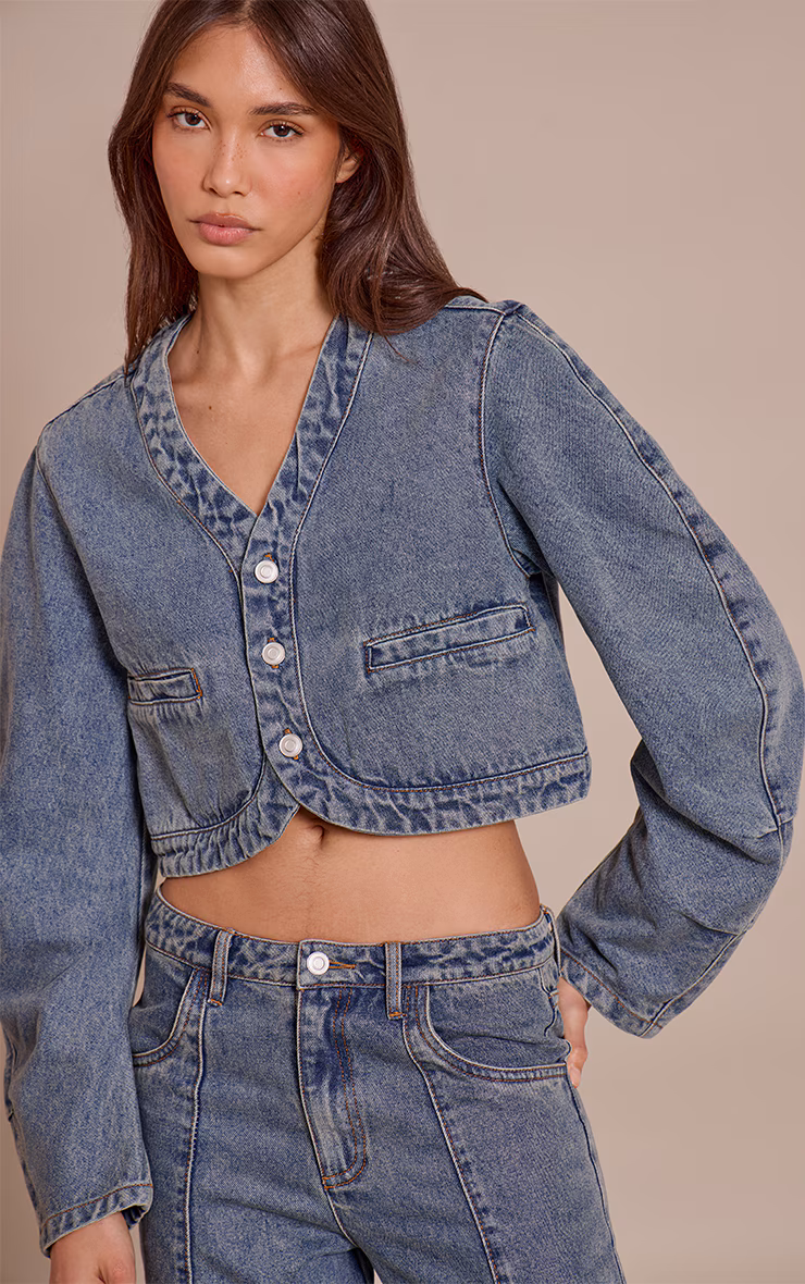 Vintage V Neck Curved Hem Cropped Denim Jacket