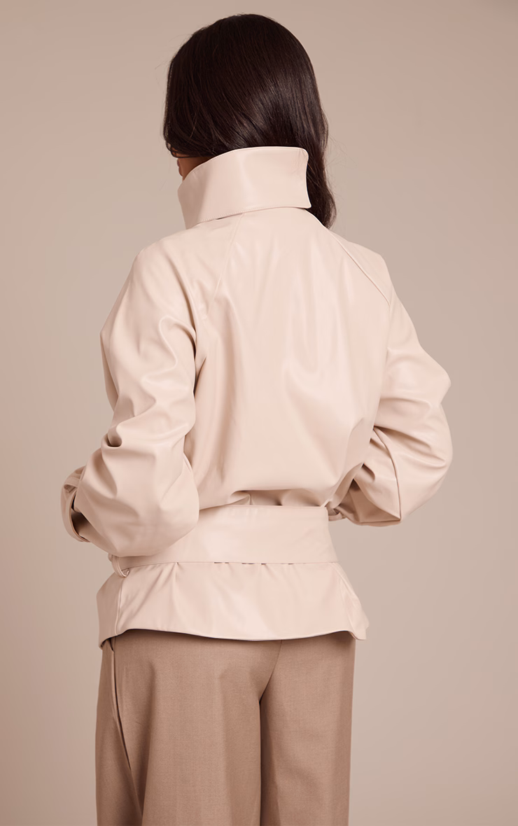 Petite Cream Faux Leather Belted Funnel Neck Coat